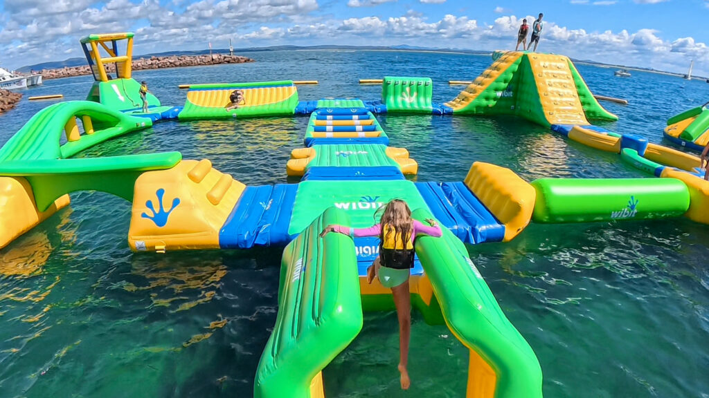 Splash Water Park Nelson Bay Port Stephens NSW inflatable aqua park and fun family activities on the water for kids and teens