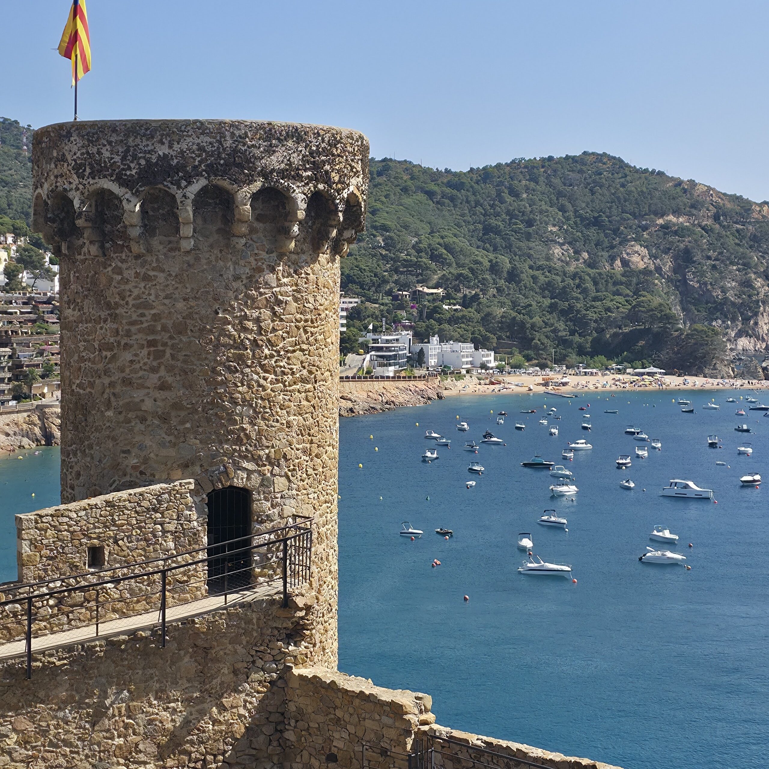 Tossa de Mar medieval castle tower overlooking the Costa Brava coastline in Catalonia, Spain